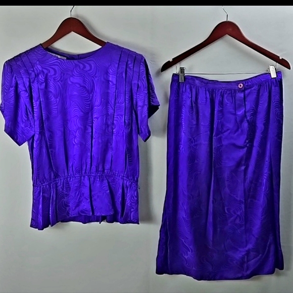Argenti Women's VTG Purple 100% Silk 2pc Skirt Blouse Set Sz 14 - Picture 1 of 12